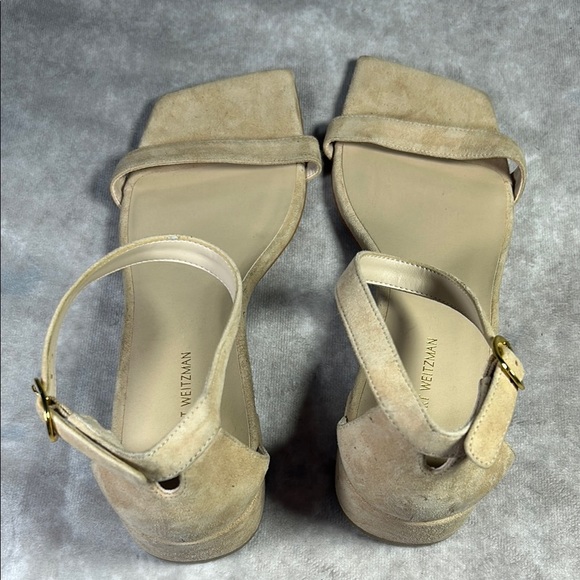 EUC Stuart Weitzman Elegant Tan Women's Sz US 9B Block Heel Sandals Nude Suede - Picture 4 of 14